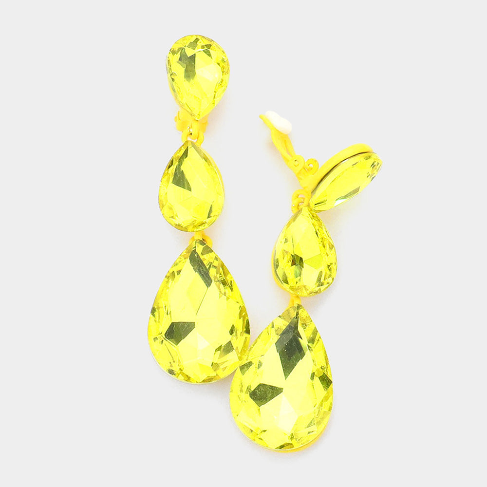 Women's Teardrop Glass Crystal Drop Evening Clip On Dangle Earrings