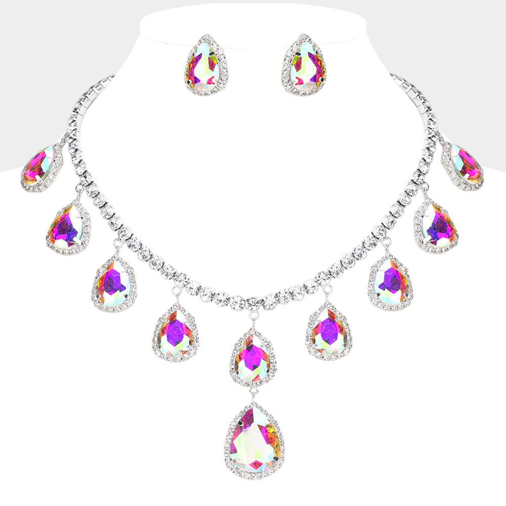 Teardrop Glass Stone Cluster Station Evening Necklace