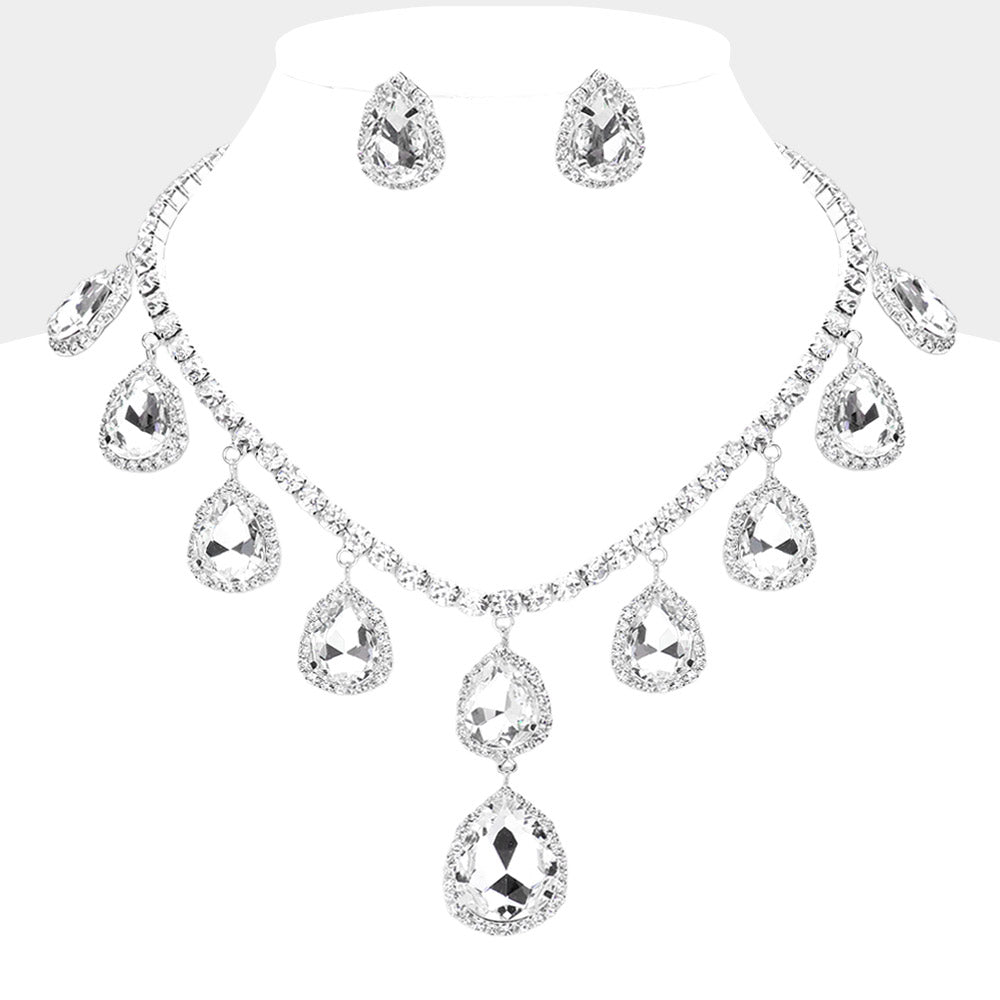 Teardrop Glass Stone Cluster Station Evening Necklace