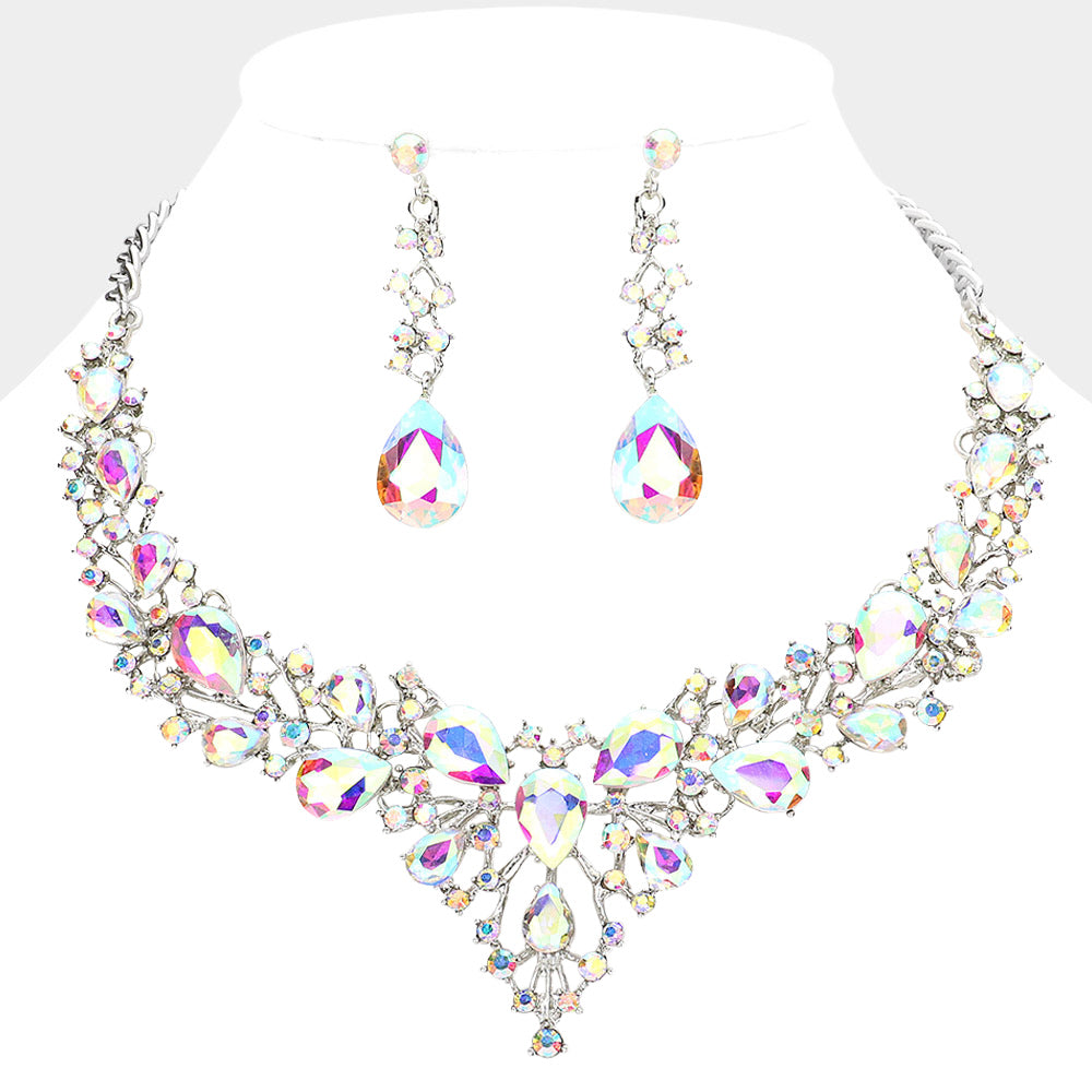 Teardrop Round Stone Cluster Evening Necklace