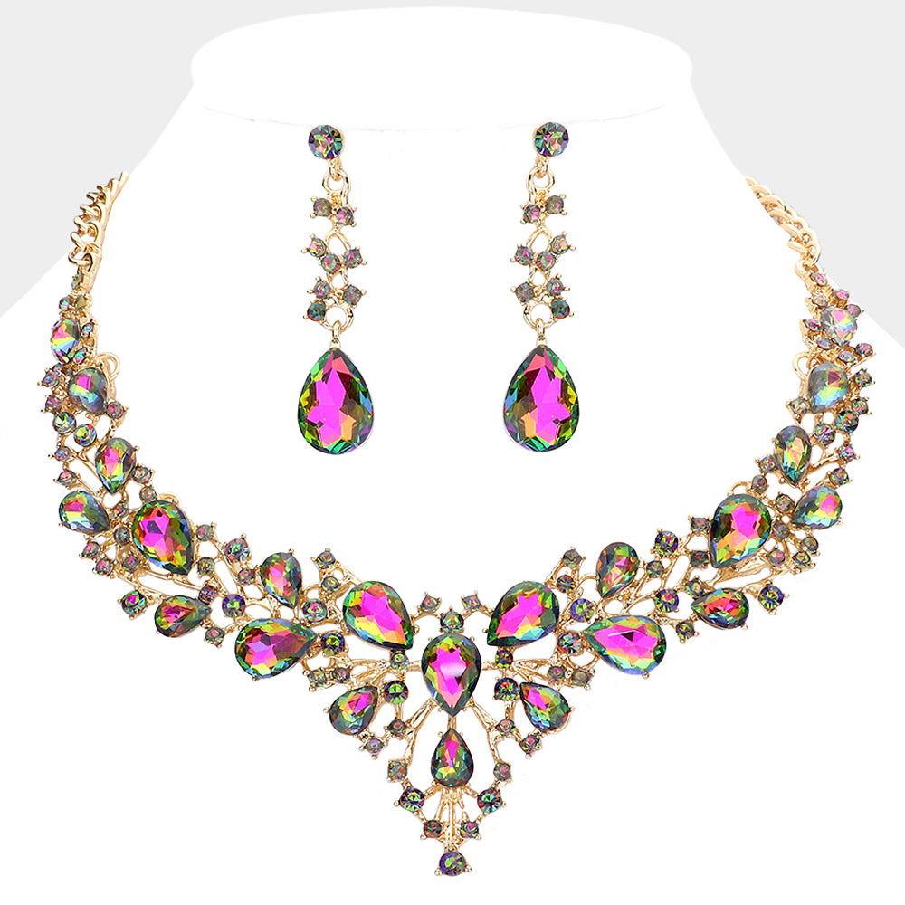 Teardrop Round Stone Cluster Evening Necklace