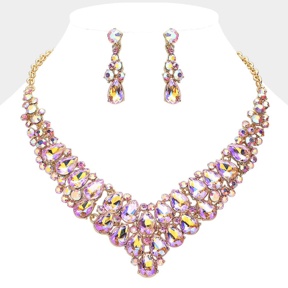 Teardrop Stone Cluster Collar Evening Necklace