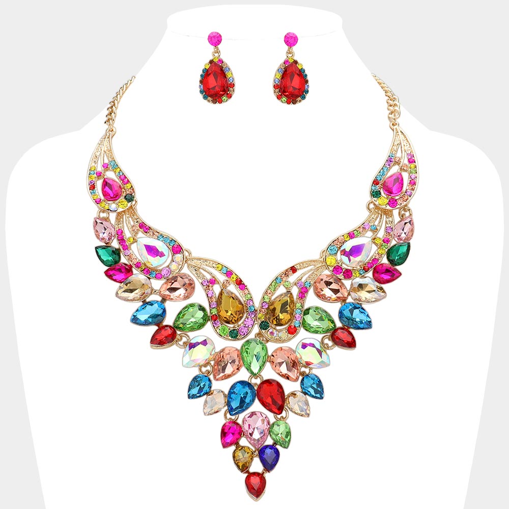 Teardrop Stone Cluster Evening Bib Necklace