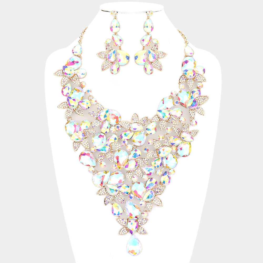 Teardrop Stone Leaf Cluster Vine Statement Evening Necklace