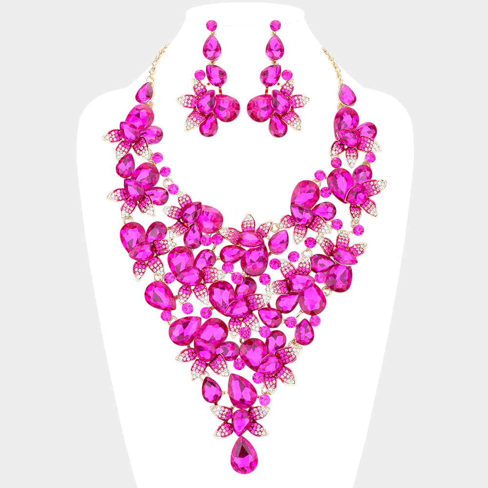 Teardrop Stone Leaf Cluster Vine Statement Evening Necklace