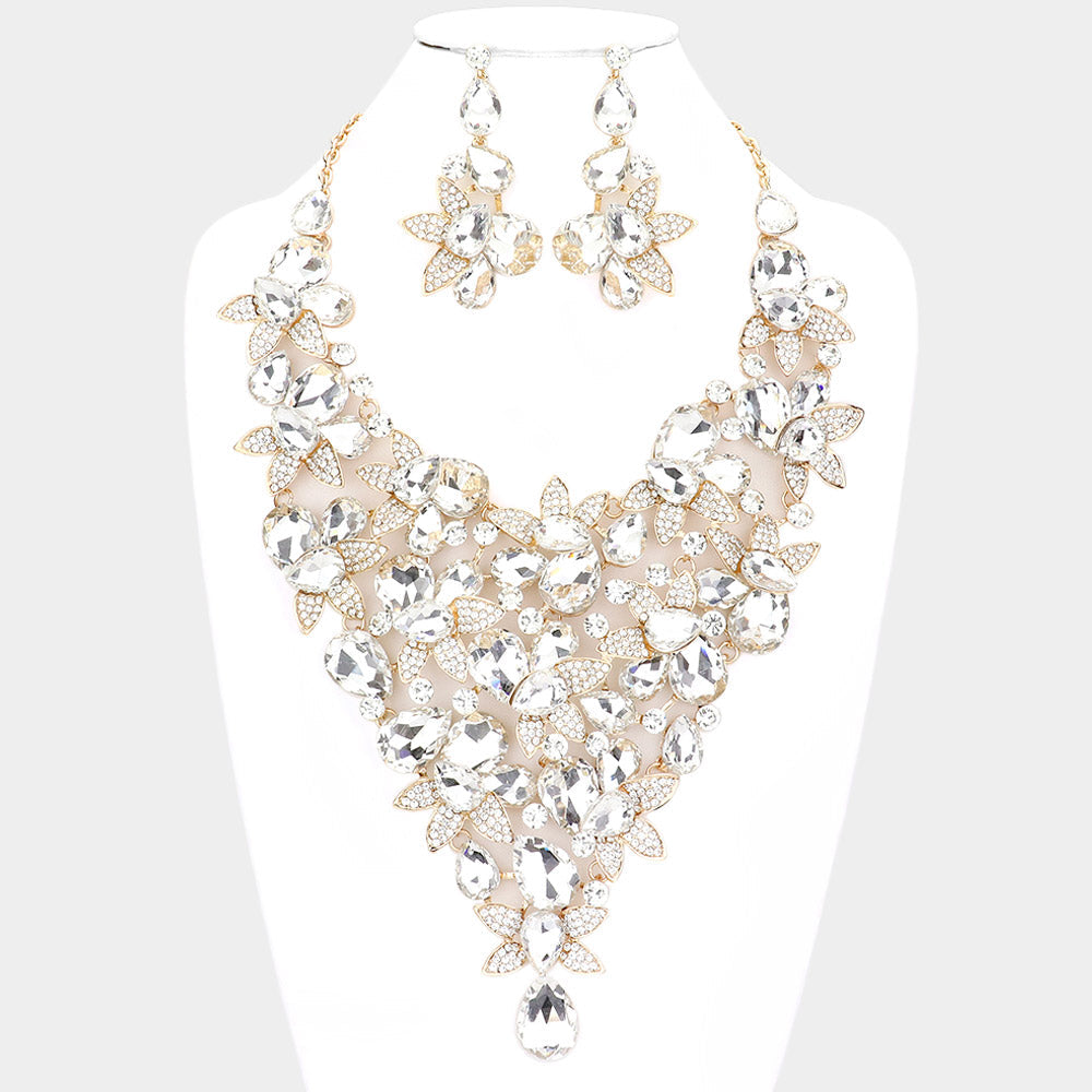 Teardrop Stone Leaf Cluster Vine Statement Evening Necklace