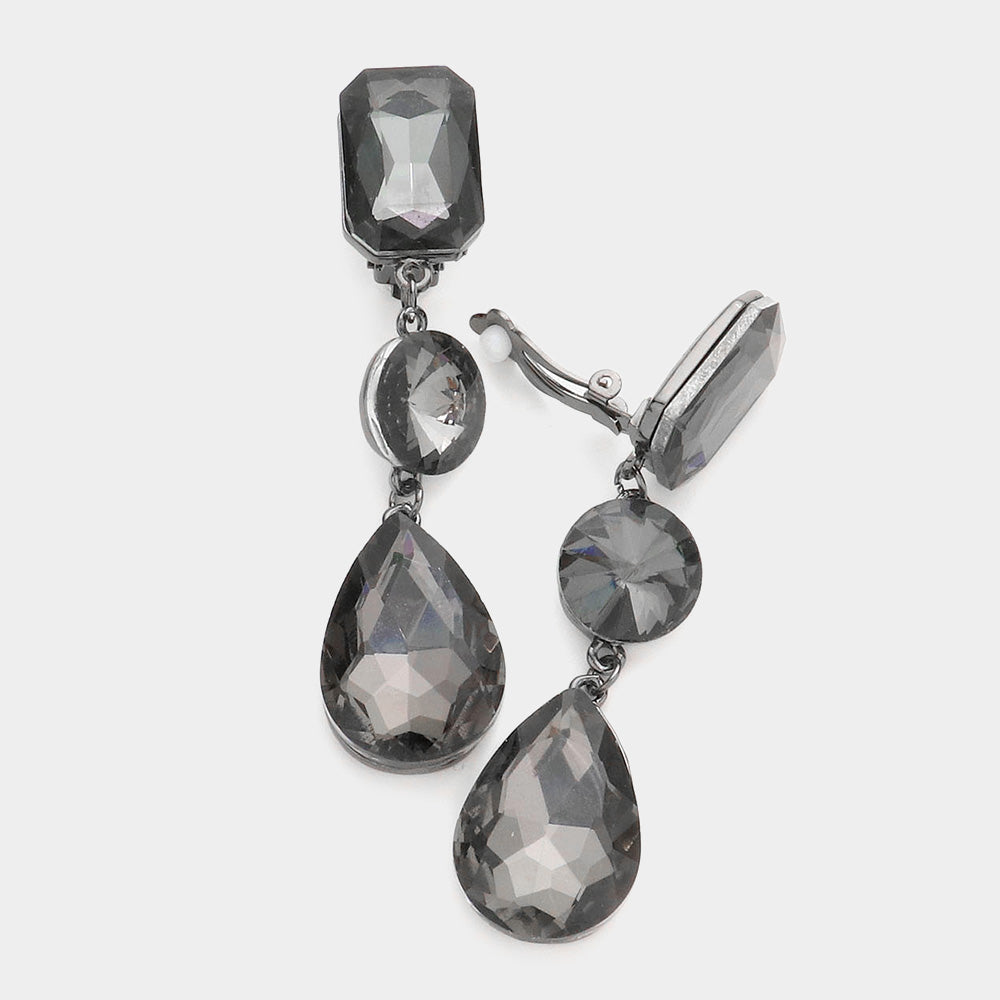Women's Triple Glass Crystal Drop Clip On Dangle Earrings
