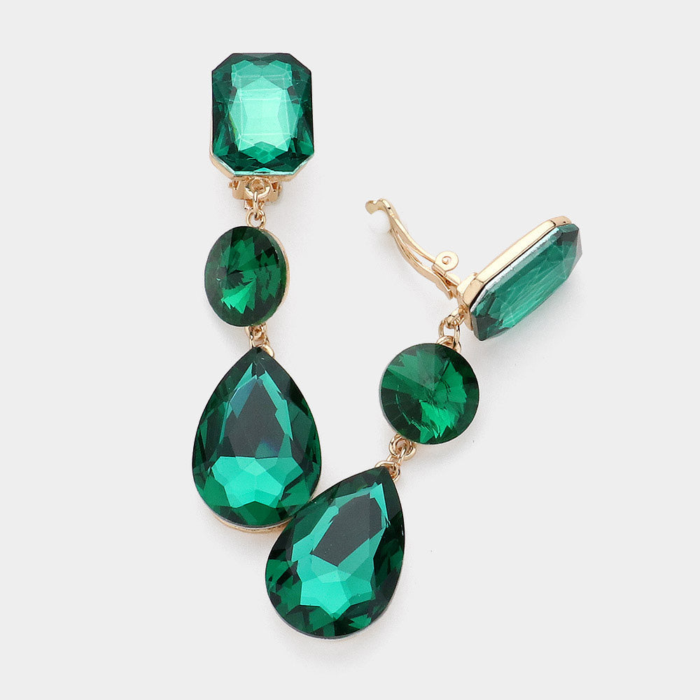 Women's Triple Glass Crystal Drop Clip On Dangle Earrings
