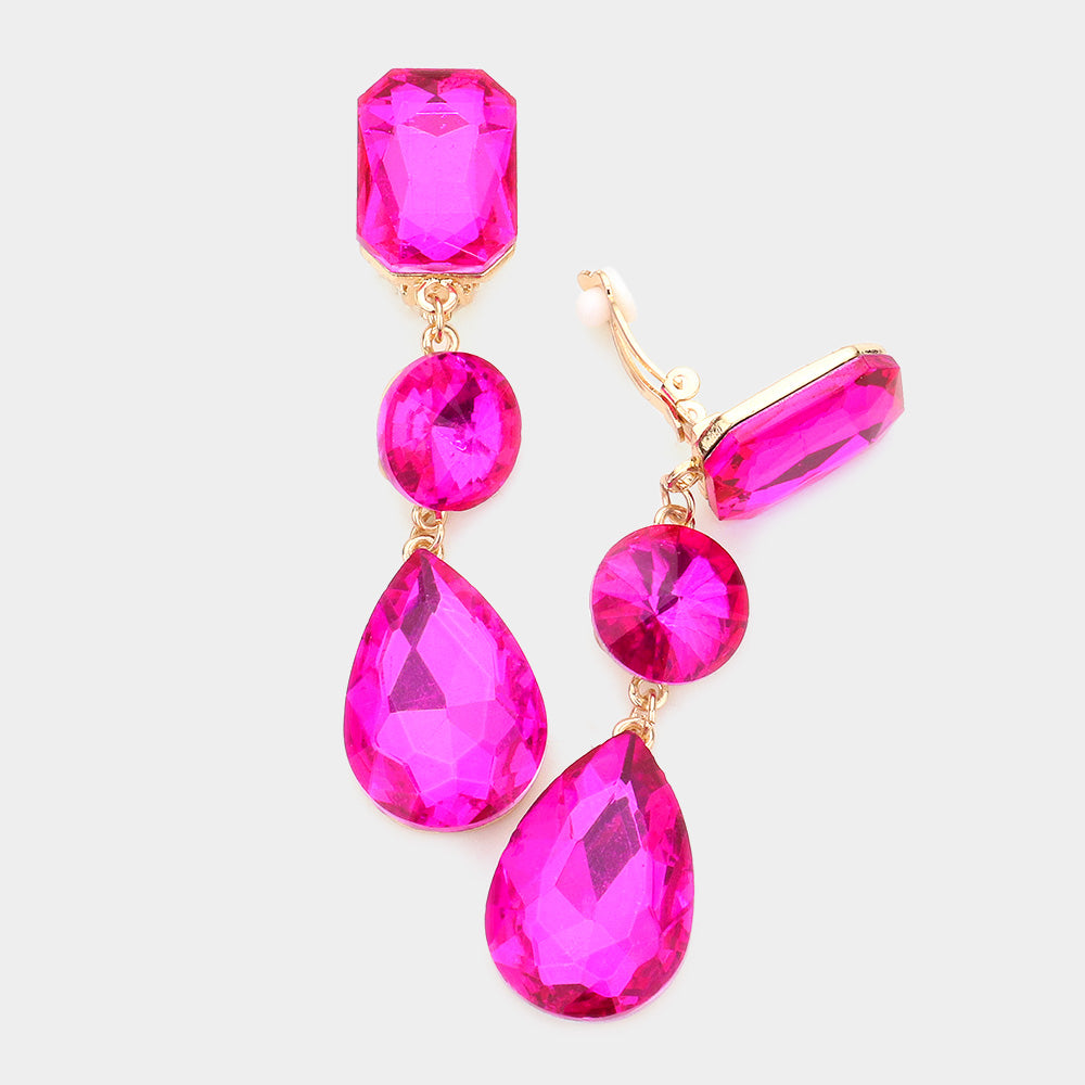 Women's Triple Glass Crystal Drop Clip On Dangle Earrings