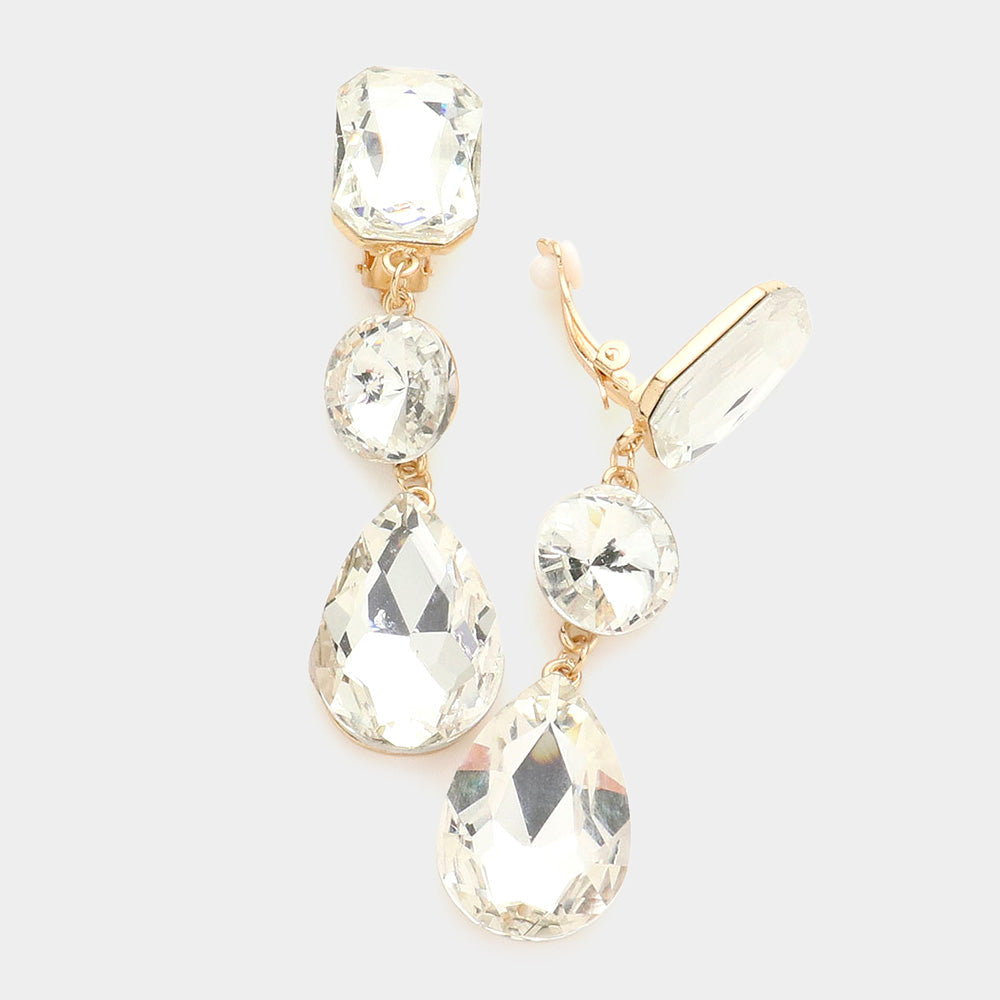 Women's Triple Glass Crystal Drop Clip On Dangle Earrings