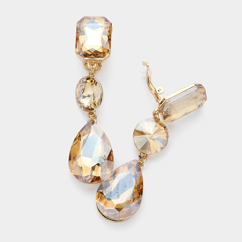 Women's Triple Glass Crystal Drop Clip On Dangle Earrings