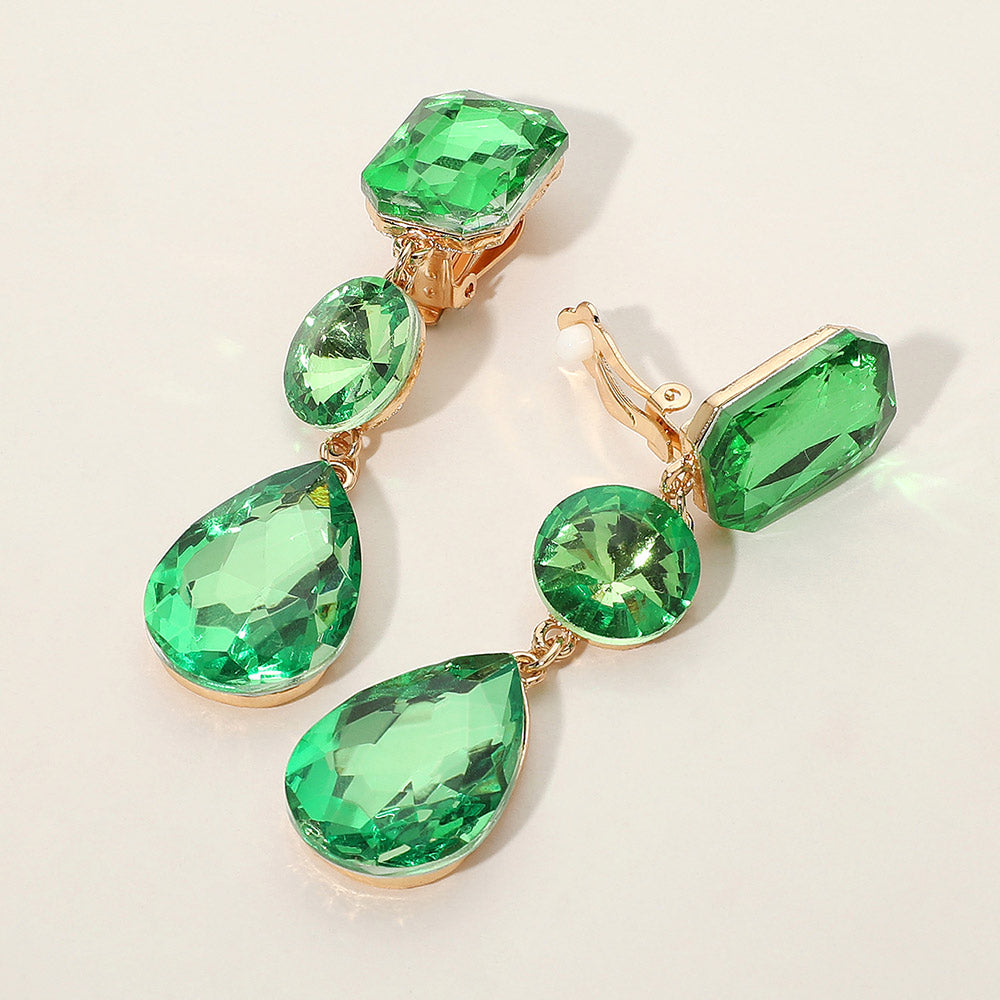 Women's Triple Glass Crystal Drop Clip On Dangle Earrings