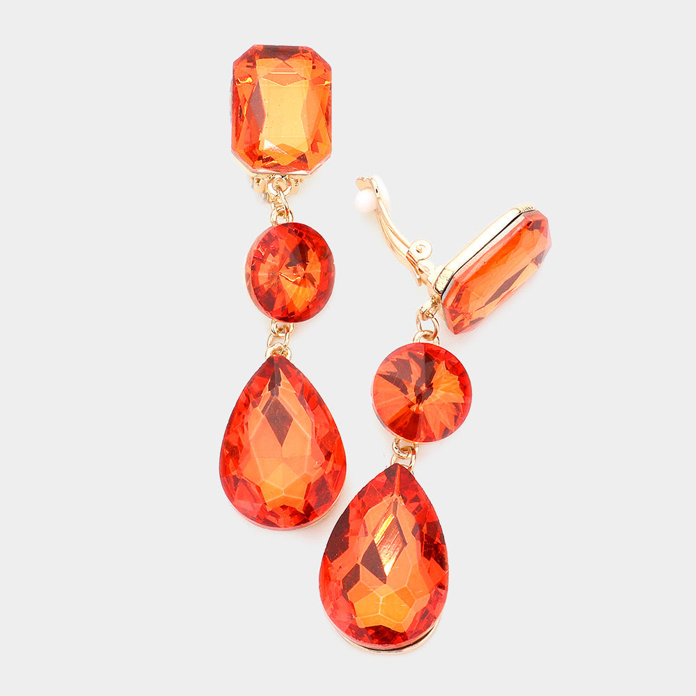 Women's Triple Glass Crystal Drop Clip On Dangle Earrings