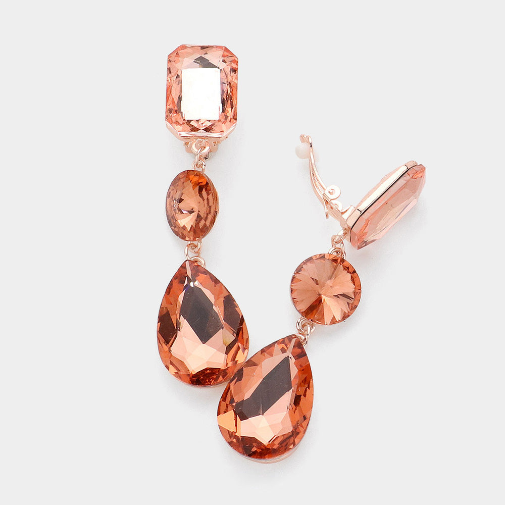 Women's Triple Glass Crystal Drop Clip On Dangle Earrings