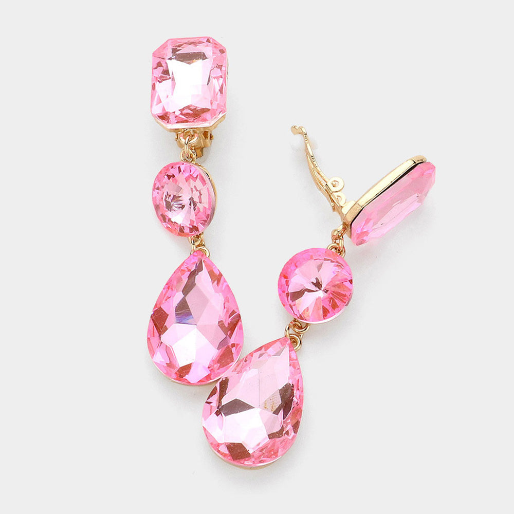 Women's Triple Glass Crystal Drop Clip On Dangle Earrings