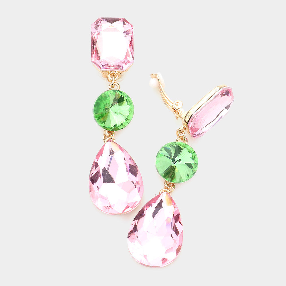 Women's Triple Glass Crystal Drop Clip On Dangle Earrings