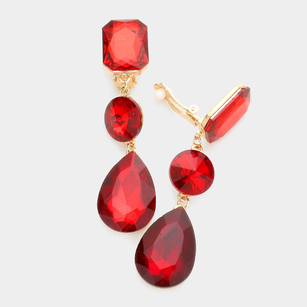 Women's Triple Glass Crystal Drop Clip On Dangle Earrings