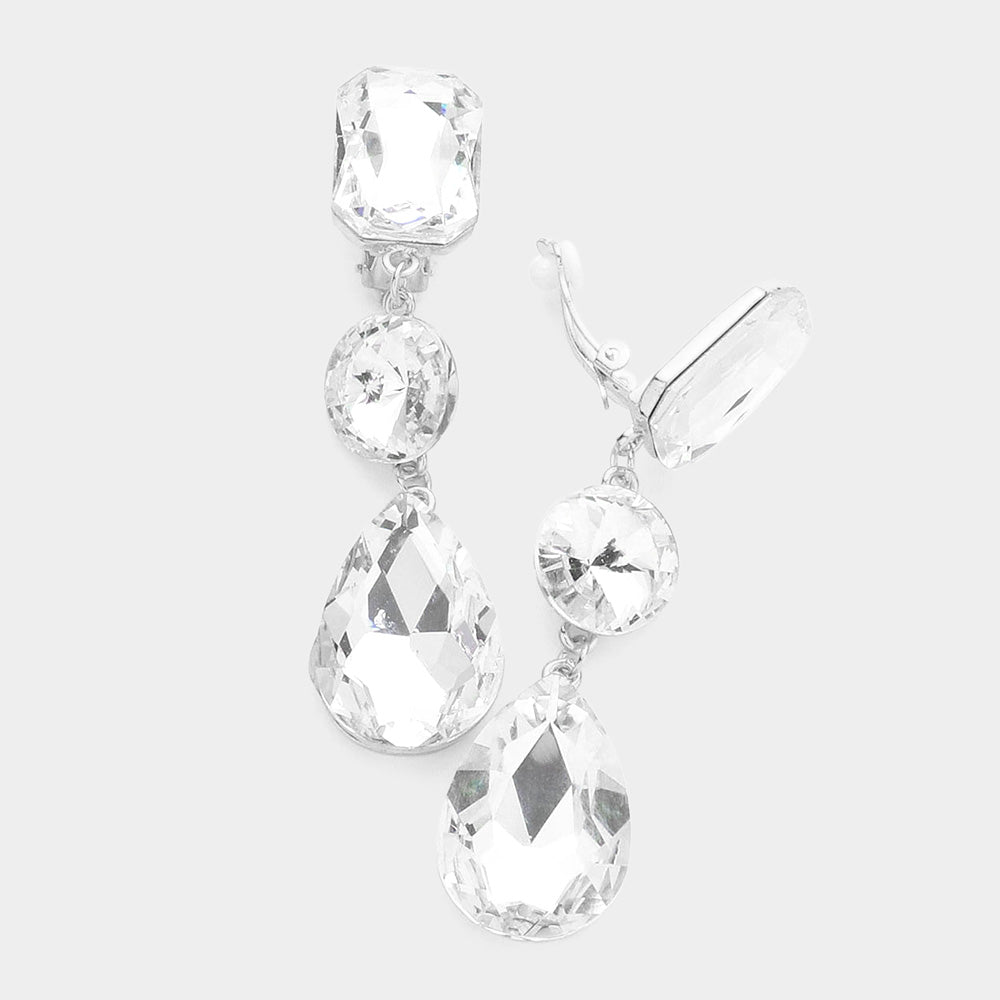 Women's Triple Glass Crystal Drop Clip On Dangle Earrings