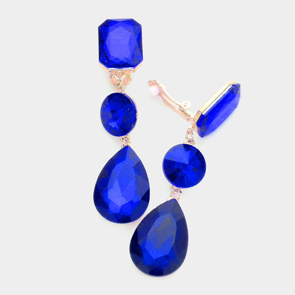 Women's Triple Glass Crystal Drop Clip On Dangle Earrings