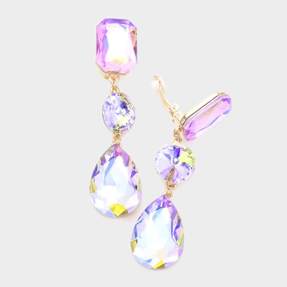 Women's Triple Glass Crystal Drop Clip On Dangle Earrings