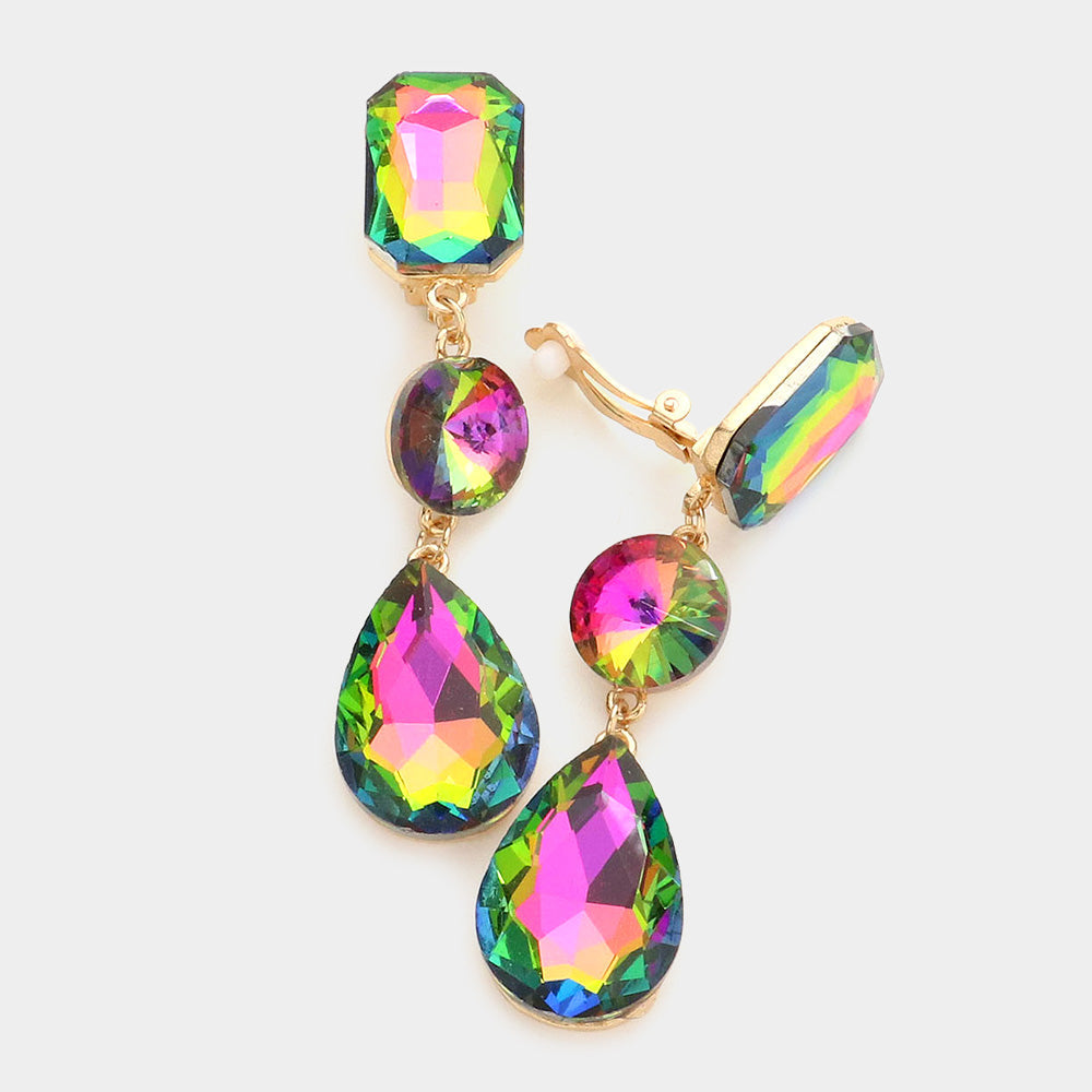 Women's Triple Glass Crystal Drop Clip On Dangle Earrings