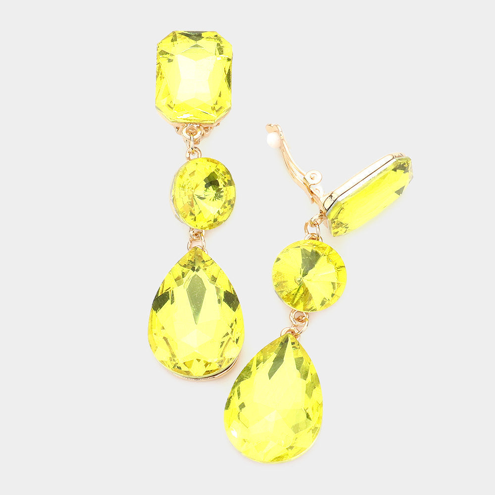 Women's Triple Glass Crystal Drop Clip On Dangle Earrings