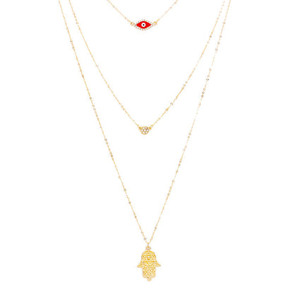 Triple Layered Crystal Evil Eye Hamsa Hand Pendant Necklace