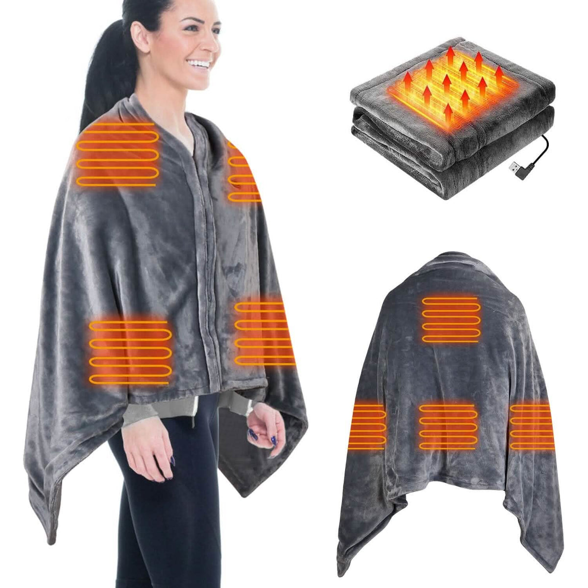 Manta Eléctrica USB Tipo Poncho, Chal, Manta con Cierre, Lavable