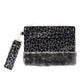 Vegan Leopard Faux Fur Trim Clutch Wristlet Bag