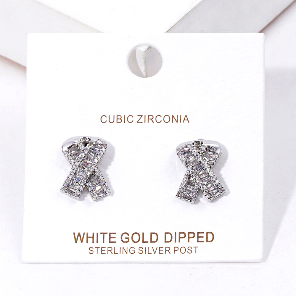 White Gold Dipped Cubic Zirconia Pink Ribbon Stud Earrings