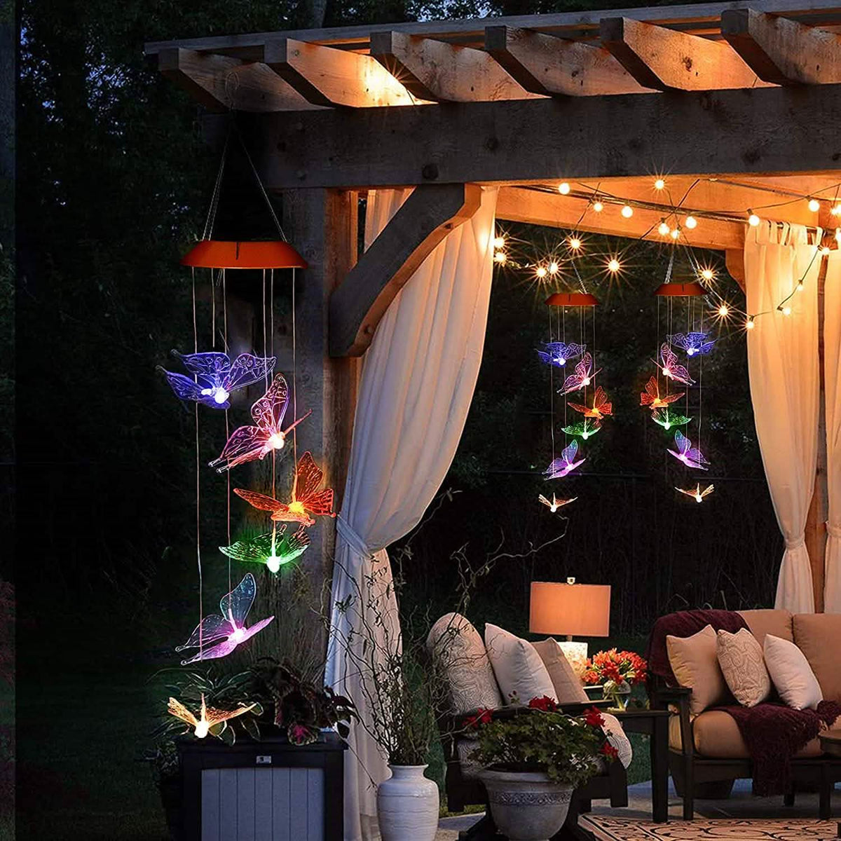 Luces de viento solares LED de mariposa con campanillas de viento