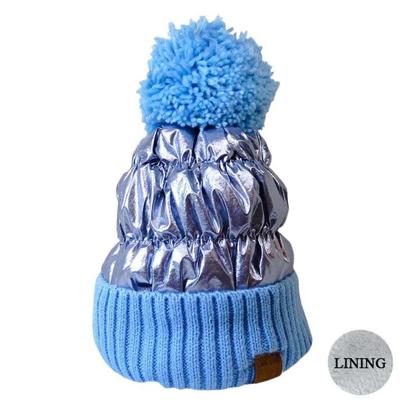 Women's Winter Cozy Puffer Knit Pom Glossy Beanie Hat