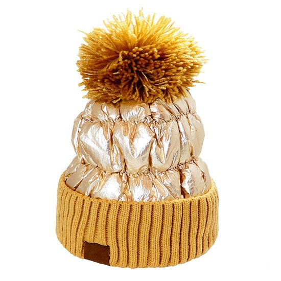 Women's Winter Cozy Puffer Knit Pom Glossy Beanie Hat