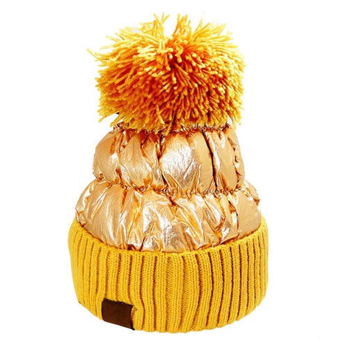 Women's Winter Cozy Puffer Knit Pom Glossy Beanie Hat