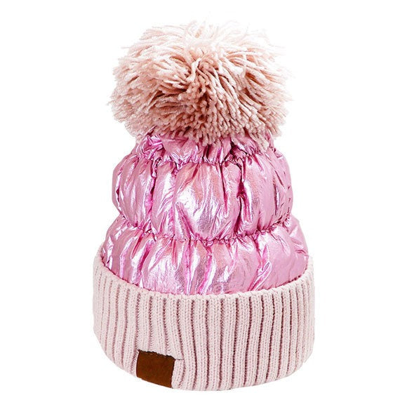 Women's Winter Cozy Puffer Knit Pom Glossy Beanie Hat