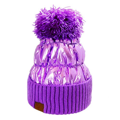 Women's Winter Cozy Puffer Knit Pom Glossy Beanie Hat