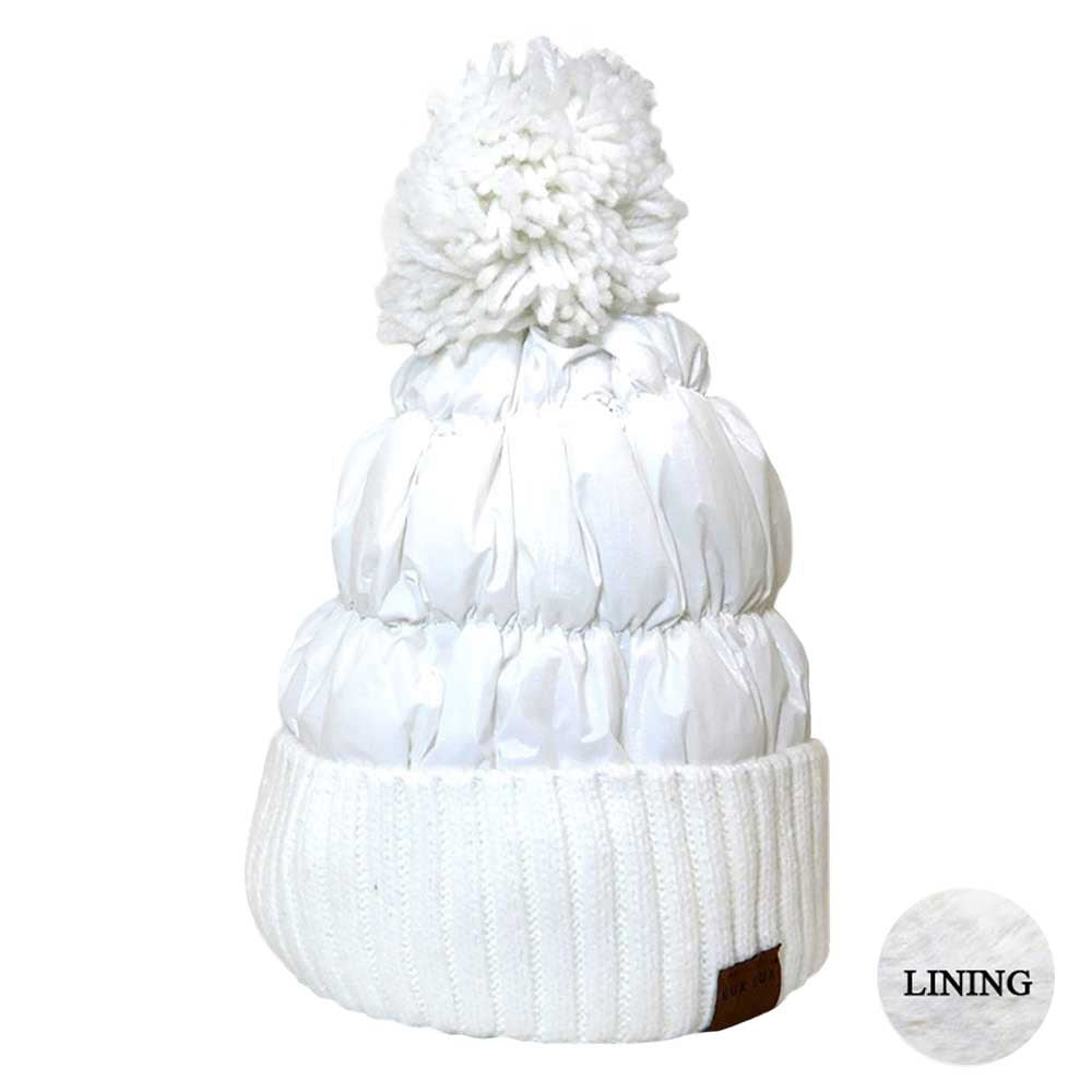 Women's Winter Cozy Puffer Knit Pom Glossy Beanie Hat