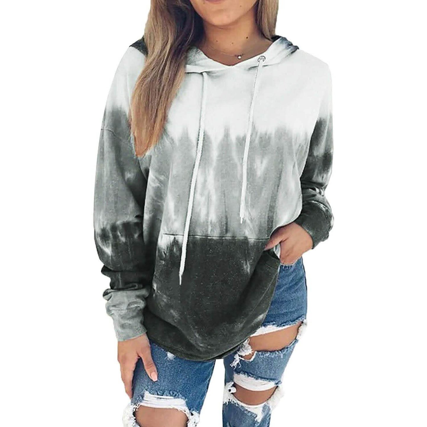 Tops con capucha para mujer, teñido anudado, manga larga, sudaderas con cordón y bolsillo