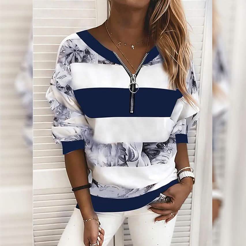 Camisa blusa de mujer a rayas, bloque de color, manga larga, estampado, cuello en V