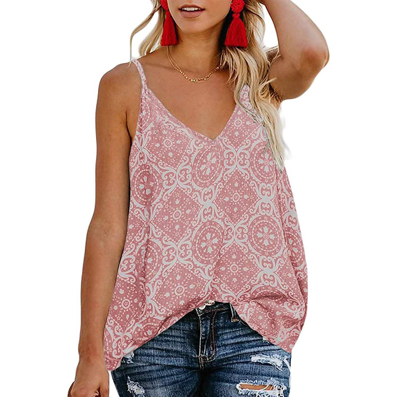 Camiseta sin mangas para mujer, estilo bohemio floral, con cuello en V y tirantes finos, para verano