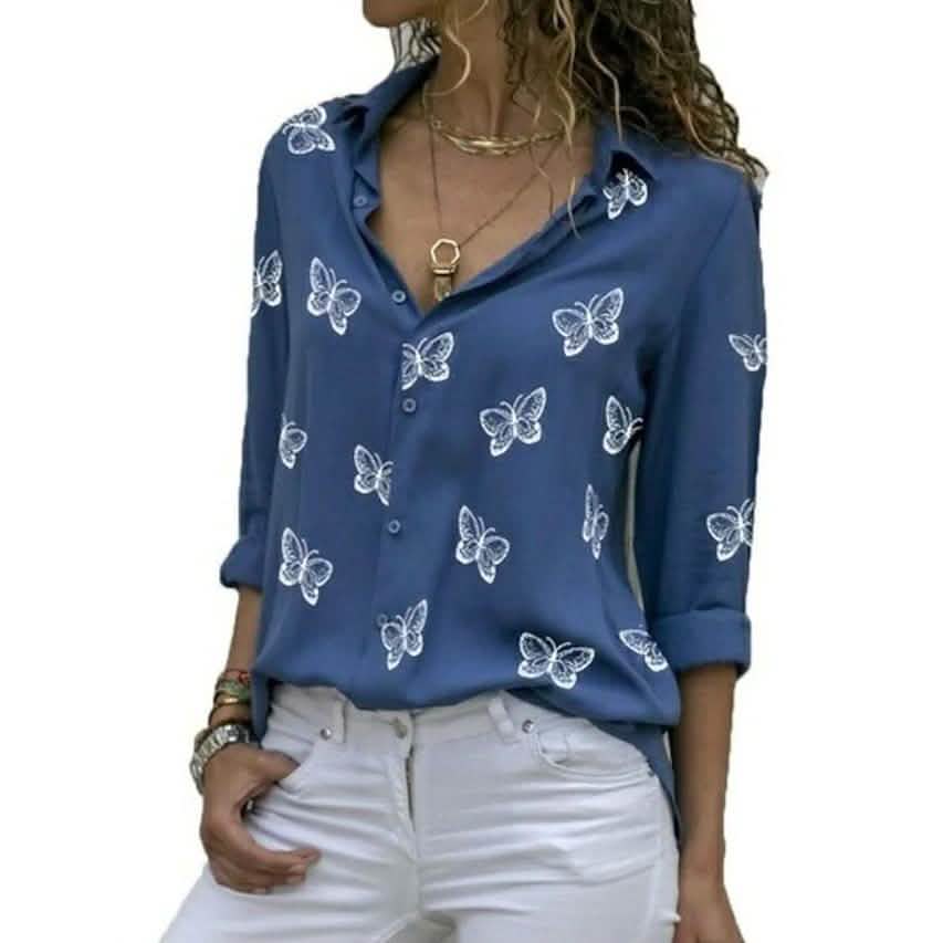 Camisa básica de manga larga con estampado de mariposas para mujer