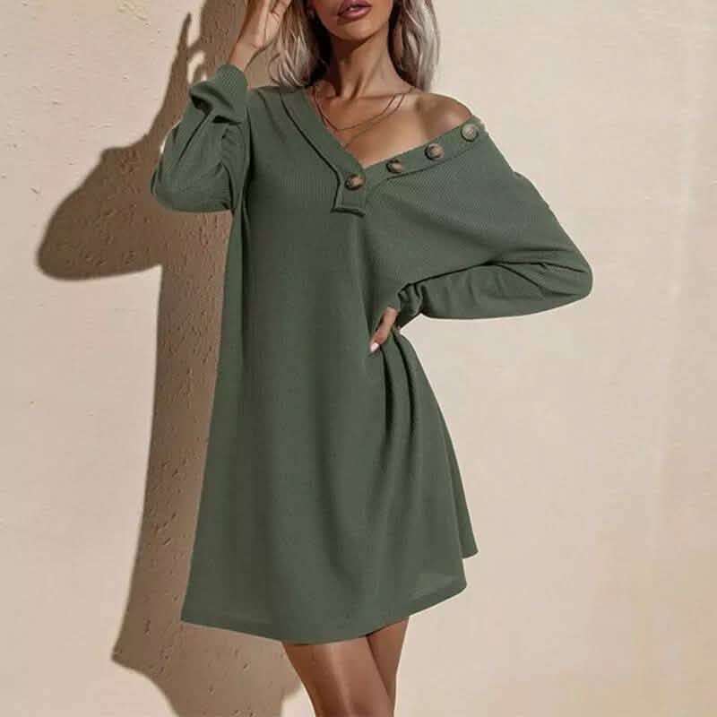 Vestidos casuales de mujer con cuello de pico y botones en la cadera, de punto