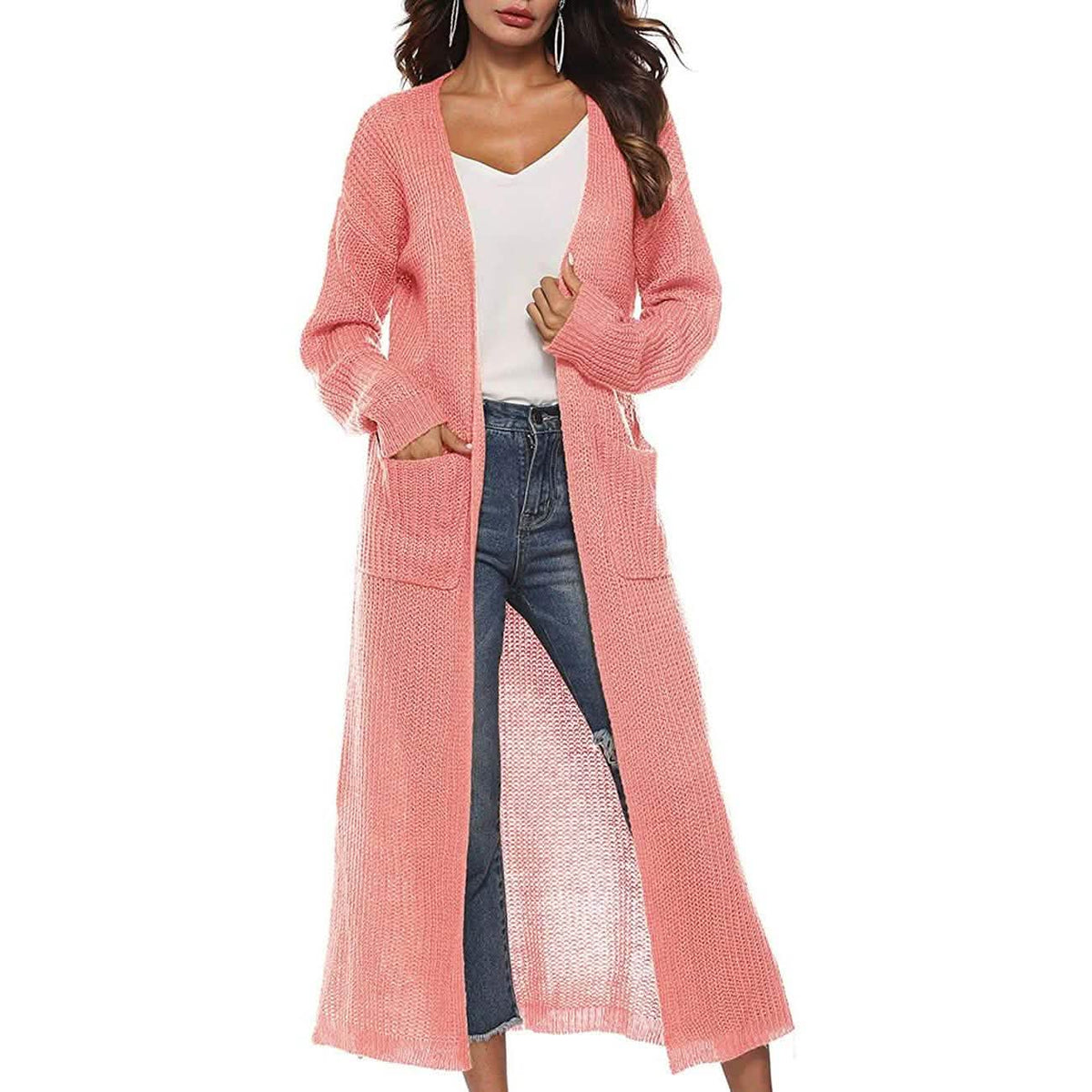 Cárdigan largo casual de punto con abertura frontal, manga larga y bolsillos para mujer