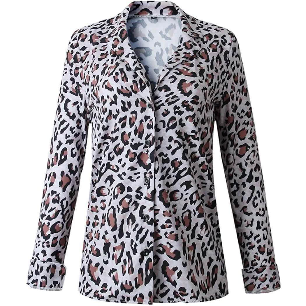 Blusas casuales de mujer con cuello en V, túnica de leopardo, camisas de manga larga con botones