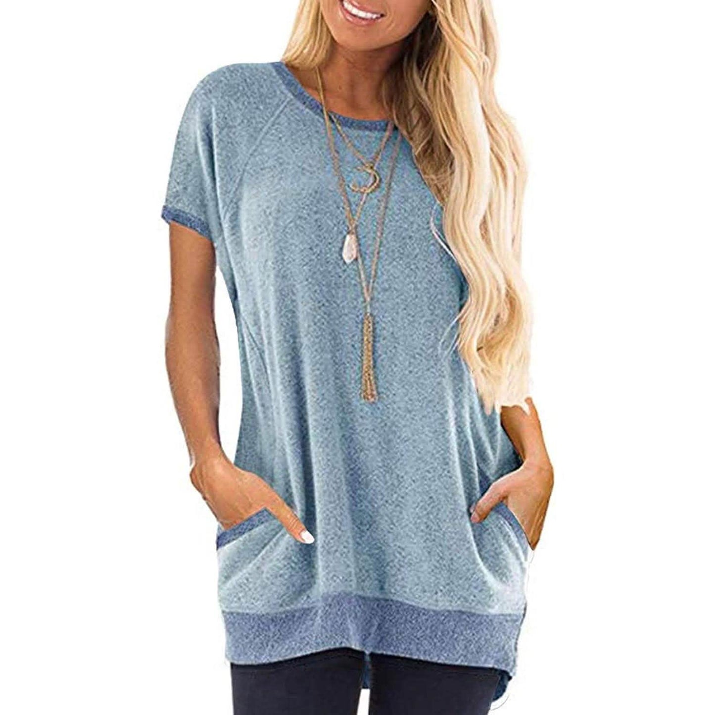 Sudadera ligera de punto de manga corta con bloques de color y bolsillos para mujer
