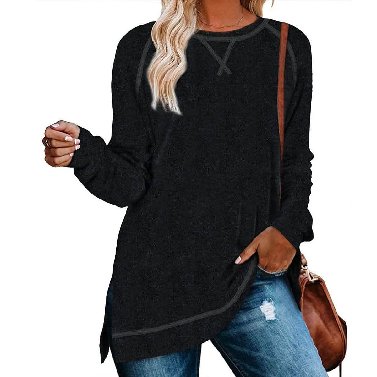 Blusa túnica casual de manga larga suelta con aberturas laterales para mujer