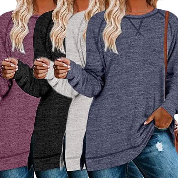 Blusa túnica casual de manga larga suelta con aberturas laterales para mujer