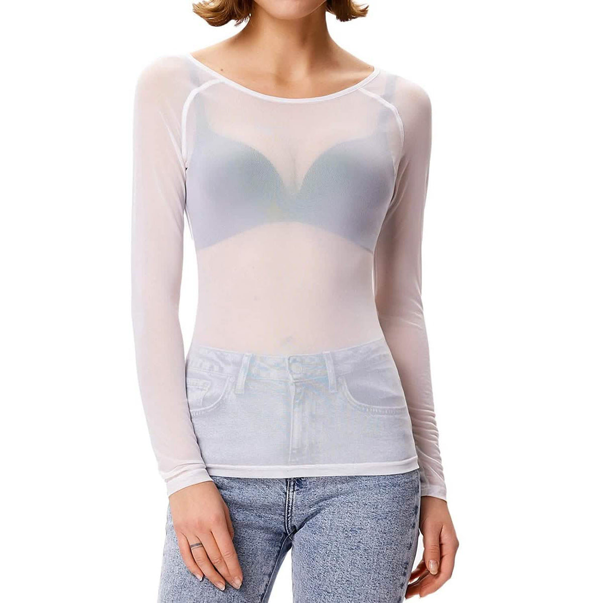 Top transparente de manga larga de malla para mujer