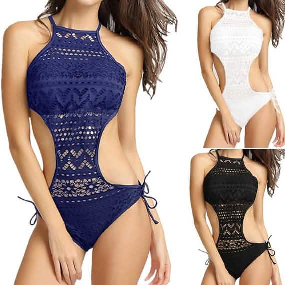 Traje de baño de una pieza de ganchillo sólido para mujer