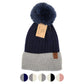 Gorro de invierno de punto bicolor con pompón para mujer